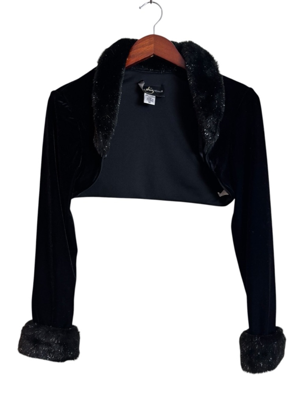 Y2K JS Collections Black Velvet Faux Fur Trimmed Bolero Jacket Shrug Sz. Medium